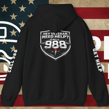 988 Veteran Support Hoodie — "Hey Veteran Need Help? Call 988" Mental Health Awareness Pullover