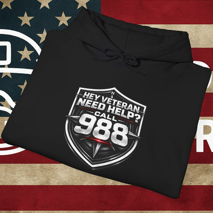 988 Veteran Support Hoodie — "Hey Veteran Need Help? Call 988" Mental Health Awareness Pullover