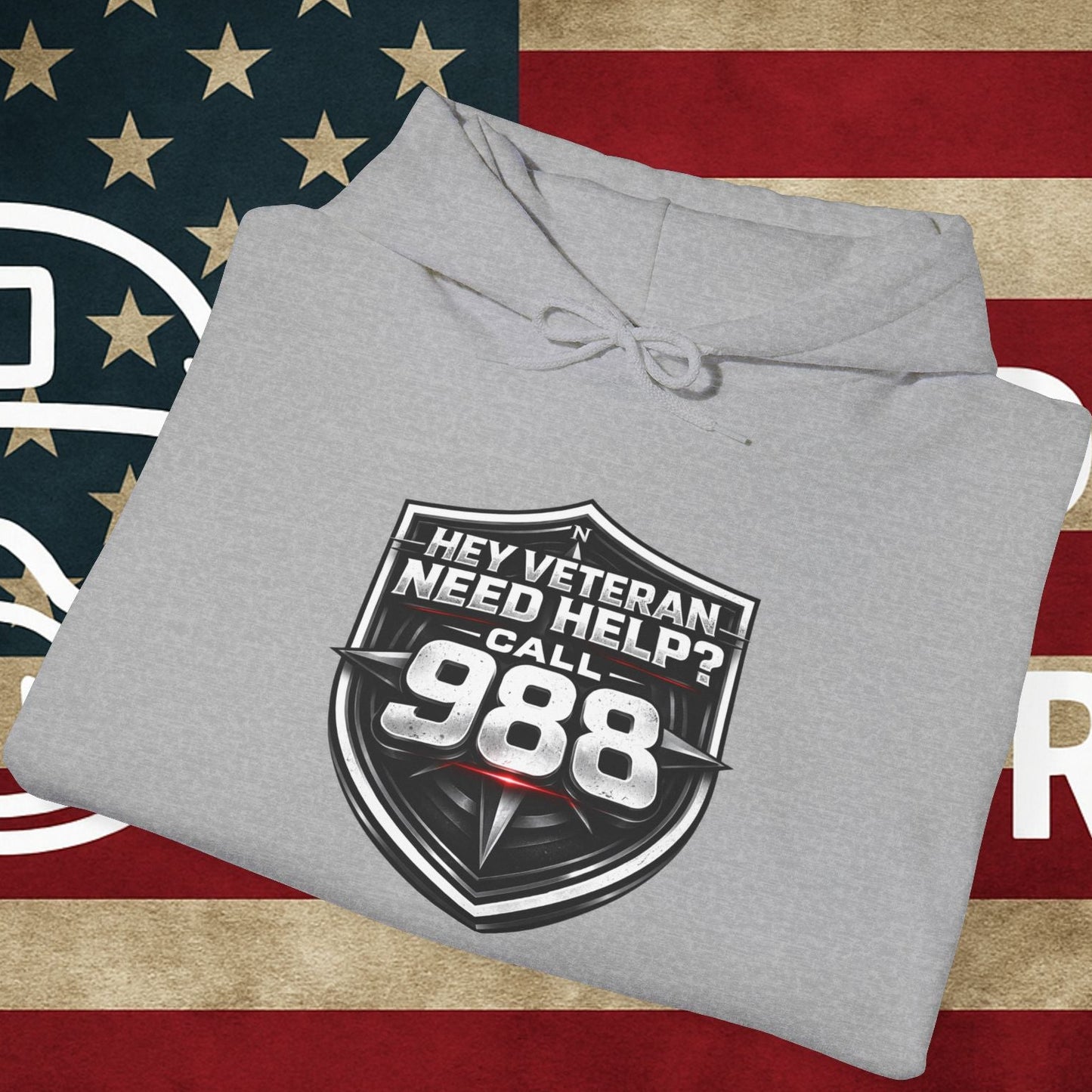 988 Veteran Support Hoodie — "Hey Veteran Need Help? Call 988" Mental Health Awareness Pullover