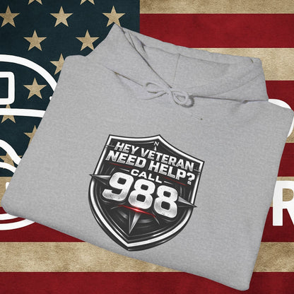 988 Veteran Support Hoodie — "Hey Veteran Need Help? Call 988" Mental Health Awareness Pullover