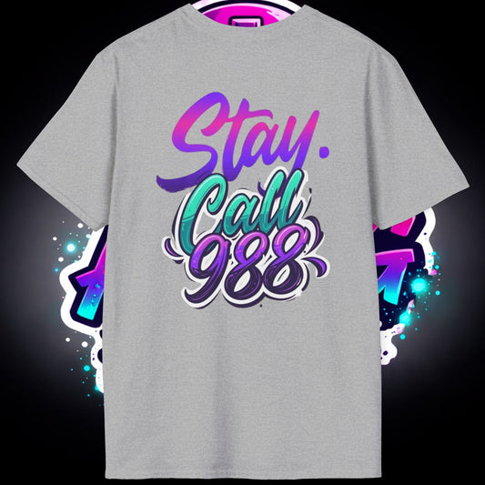 T-Shirt — Neon 'Airpig Apparel' Logo & 'Stay. Call 988' Graphic