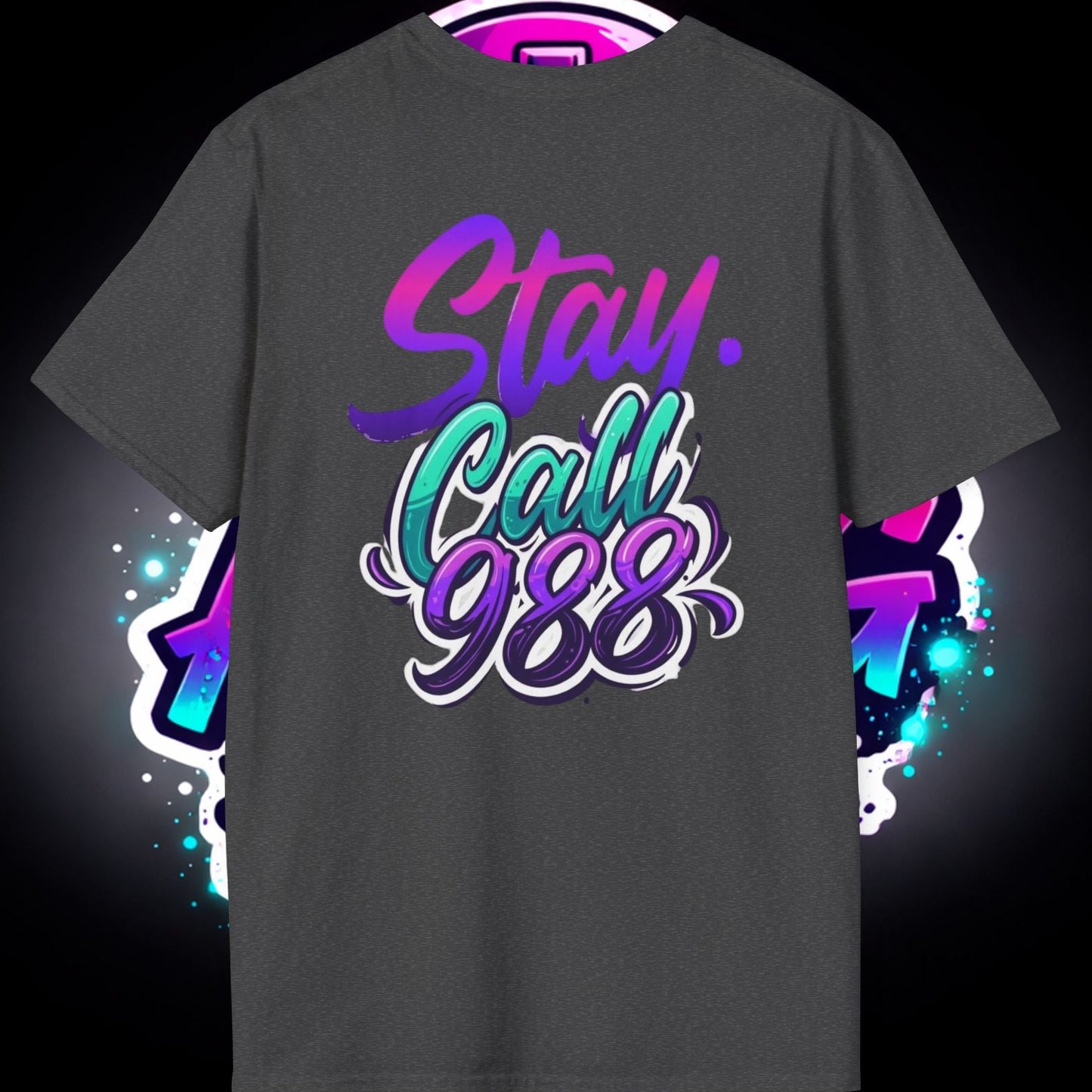T-Shirt — Neon 'Airpig Apparel' Logo & 'Stay. Call 988' Graphic