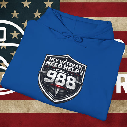 988 Veteran Support Hoodie — "Hey Veteran Need Help? Call 988" Mental Health Awareness Pullover
