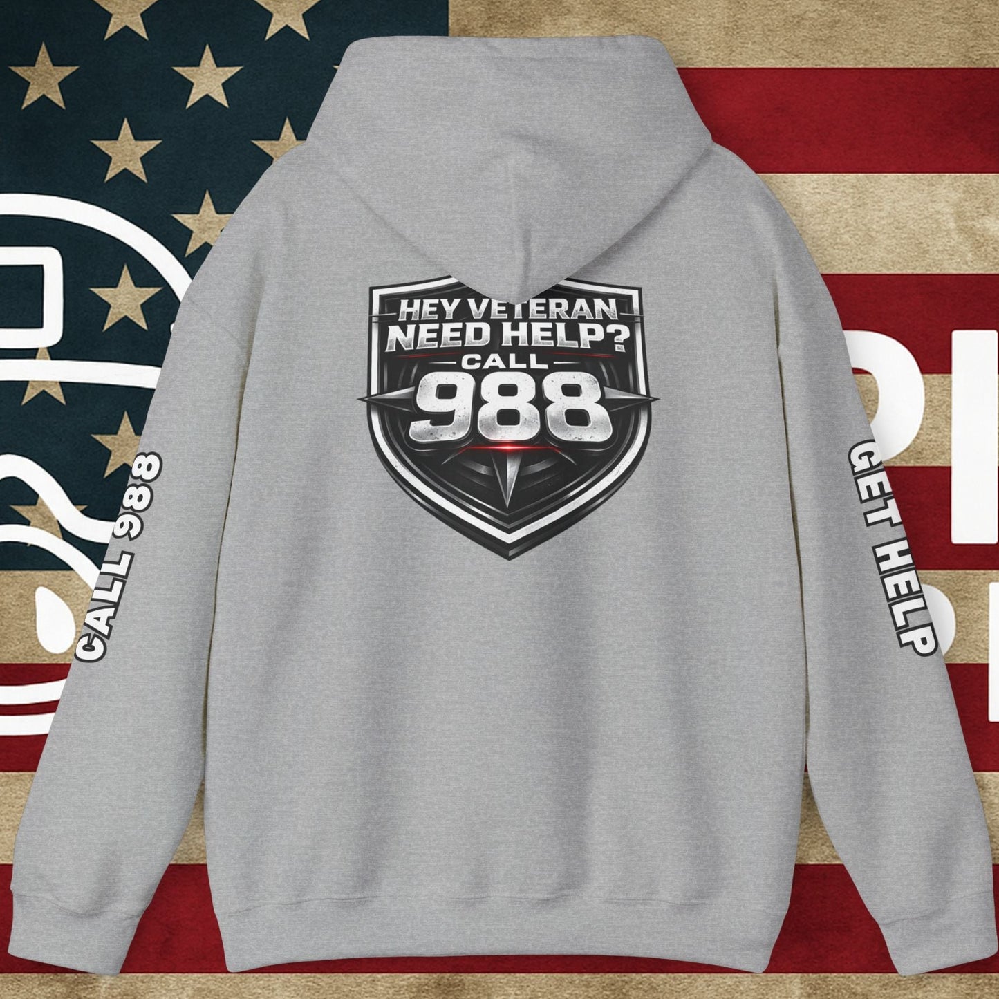988 Veteran Support Hoodie — "Hey Veteran Need Help? Call 988" Mental Health Awareness Pullover