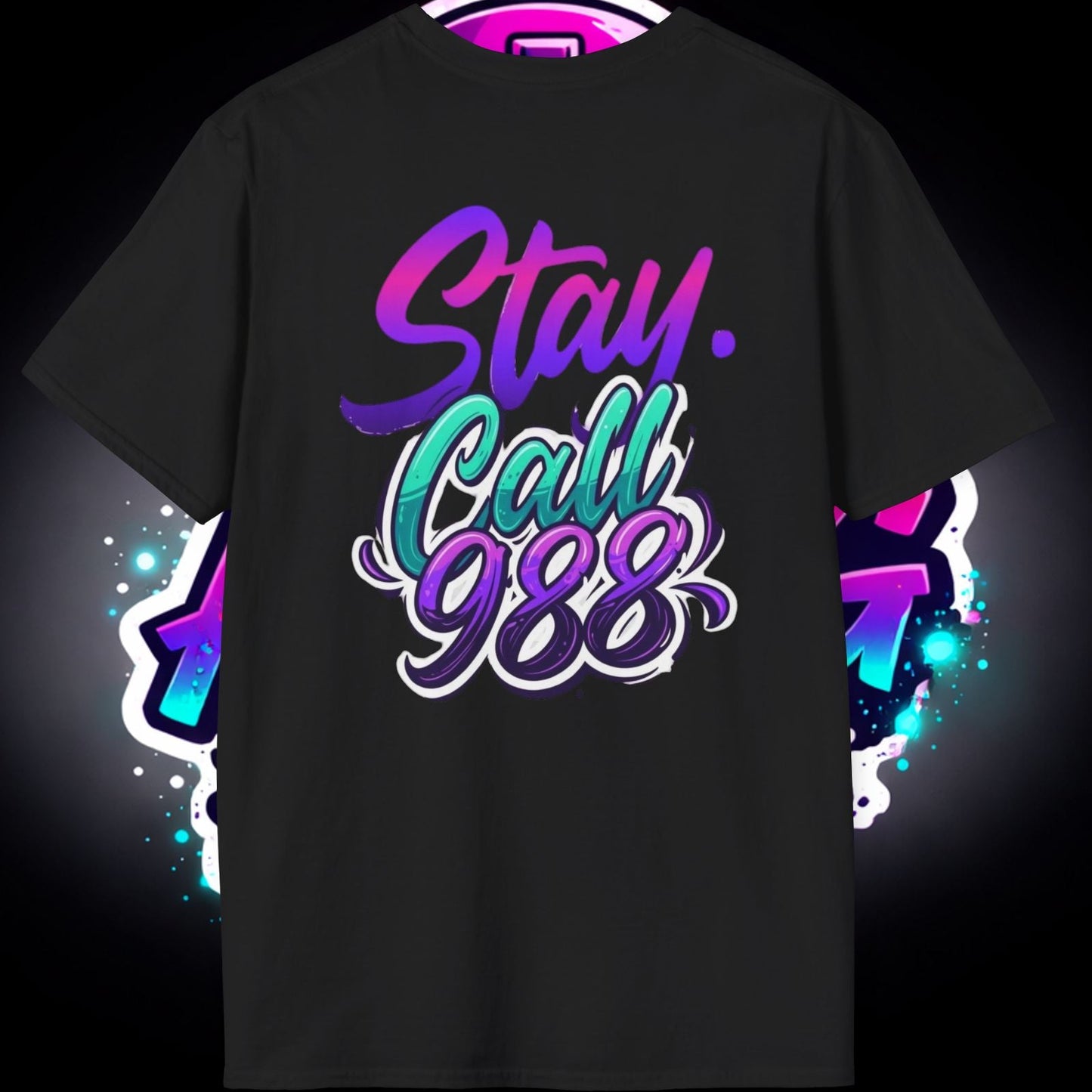 T-Shirt — Neon 'Airpig Apparel' Logo & 'Stay. Call 988' Graphic