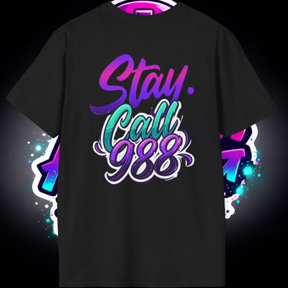 T-Shirt — Neon 'Airpig Apparel' Logo & 'Stay. Call 988' Graphic