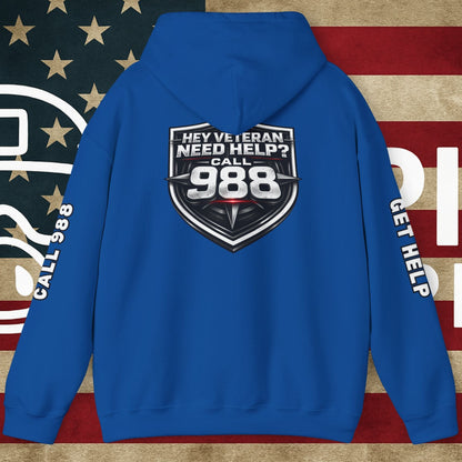 988 Veteran Support Hoodie — "Hey Veteran Need Help? Call 988" Mental Health Awareness Pullover