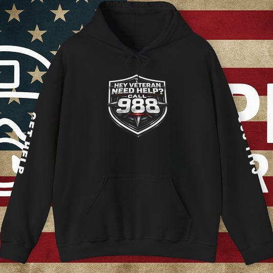 988 Veteran Support Hoodie — "Hey Veteran Need Help? Call 988" Mental Health Awareness Pullover
