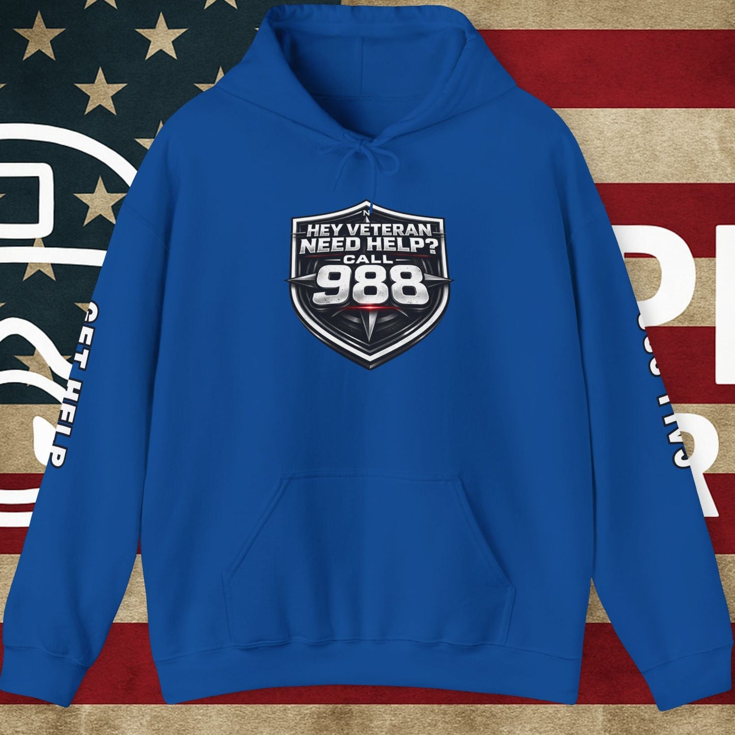 988 Veteran Support Hoodie — "Hey Veteran Need Help? Call 988" Mental Health Awareness Pullover
