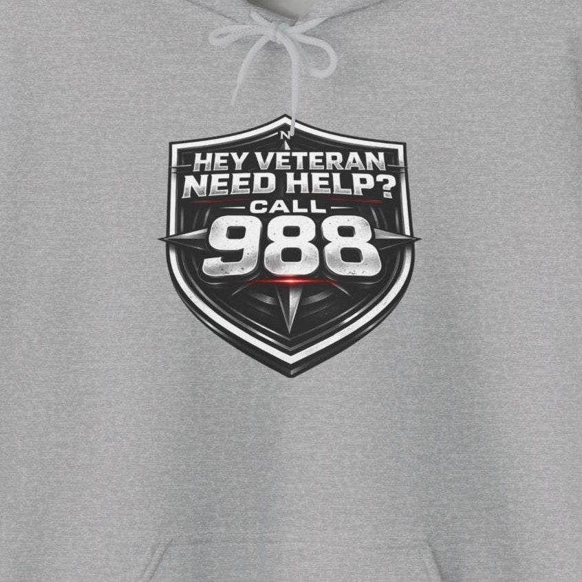 988 Veteran Support Hoodie — "Hey Veteran Need Help? Call 988" Mental Health Awareness Pullover