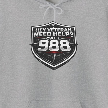 988 Veteran Support Hoodie — "Hey Veteran Need Help? Call 988" Mental Health Awareness Pullover