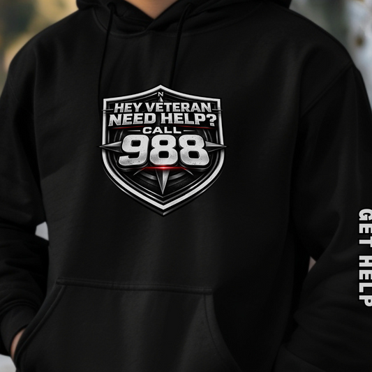 988 Veteran Support Hoodie — "Hey Veteran Need Help? Call 988" Mental Health Awareness Pullover