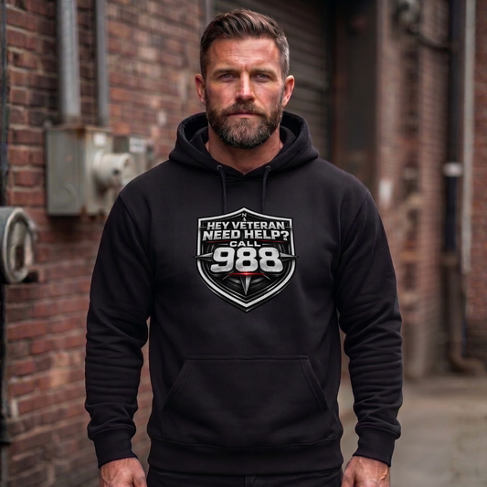 988 Veteran Support Hoodie — "Hey Veteran Need Help? Call 988" Mental Health Awareness Pullover