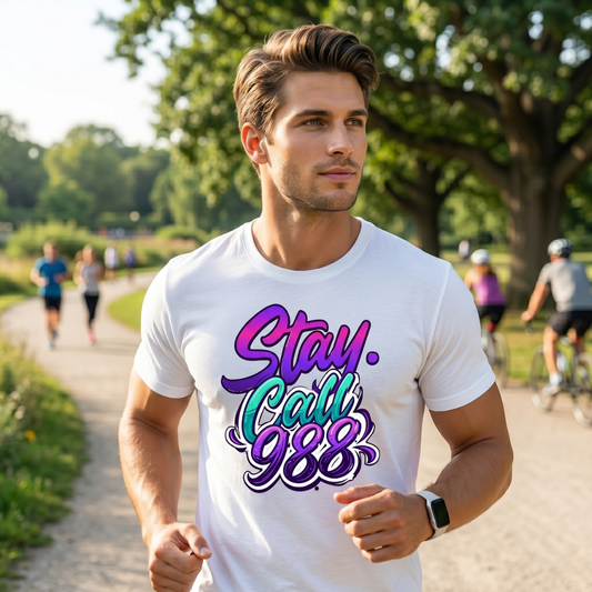 T-Shirt — Neon 'Airpig Apparel' Logo & 'Stay. Call 988' Graphic